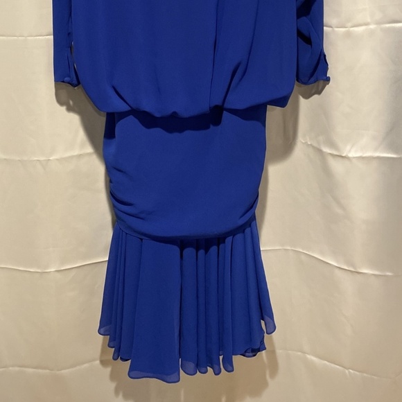 Vintage 80s Blue Crepe Batwing Fishtail Flapper Dynasty Gatsby Dress Bea… - Picture 9 of 10